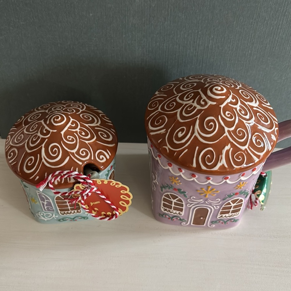 ANTHROPOLOGIE GINGERBREAD STONEWARE MUG AND SUGAR BOWL PURPLE BLUE NEW - Picture 2 of 13